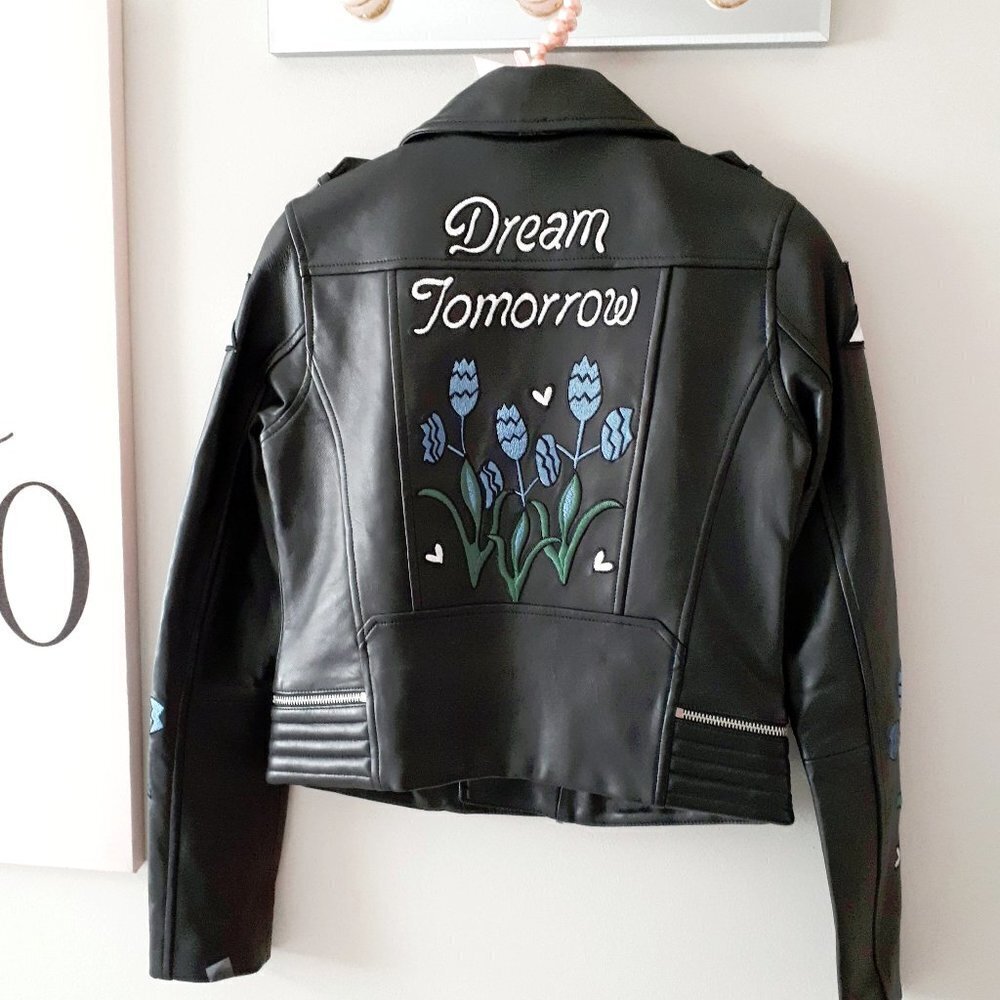 NWT Maje black leather patch embroidered “Dream Tomorrow” moto biker jacket, S - Picture 11 of 15
